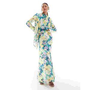 Daska long sleeve maxi dress with cape detail in floral print size UK XS US 2